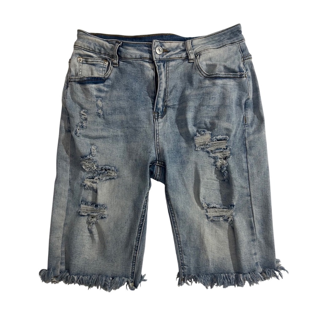 Distressed Bermuda Jean Shorts Womens Large Frayed Raw Hem